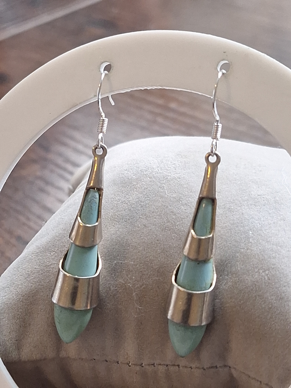 2.5" Vintage Elongated Turquoise Silver Spiral Drop Dangle .925 Hook Earrings.